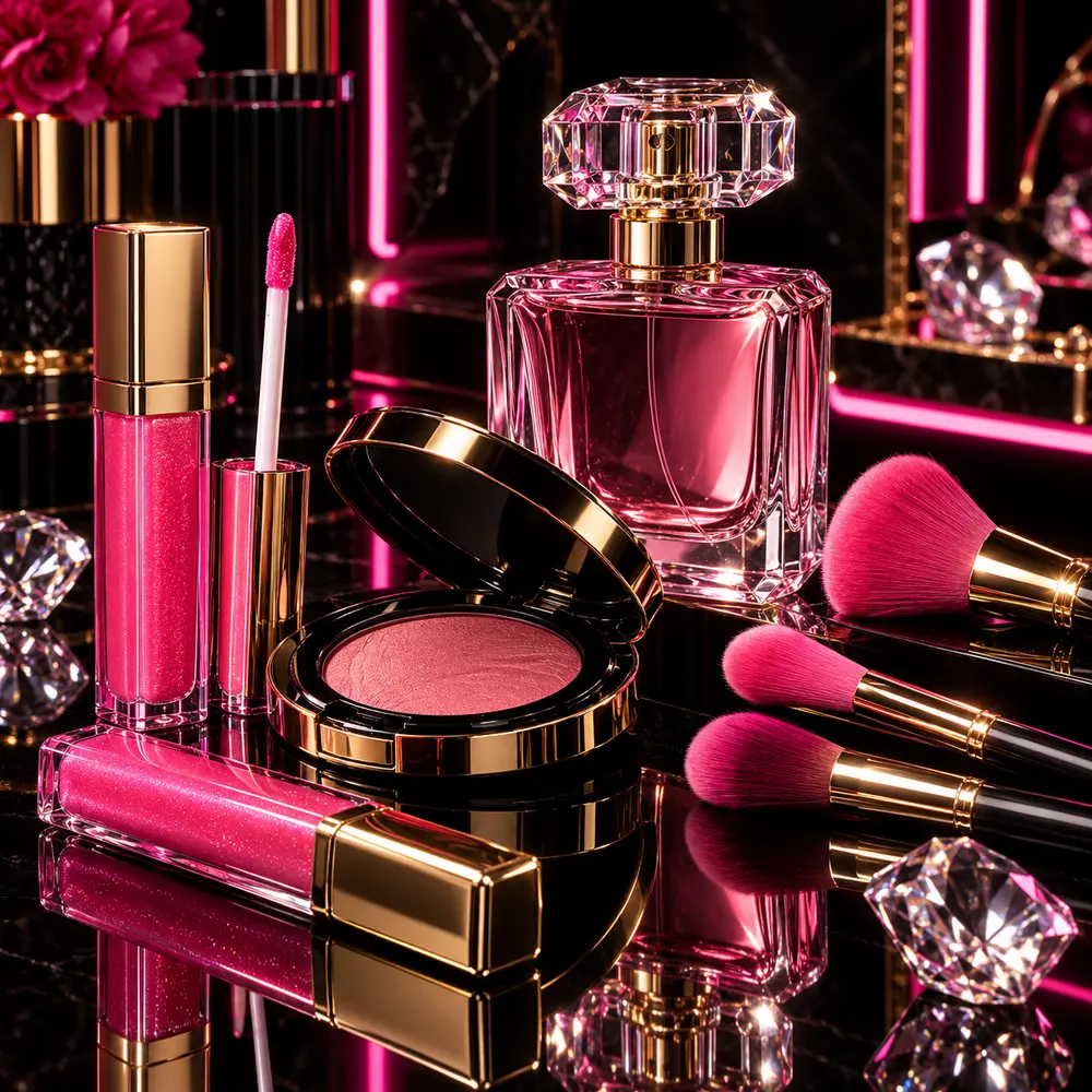 Luxury pink and gold beauty products