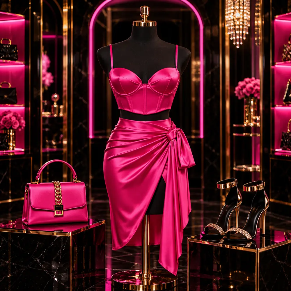 Hot-pink fashion outfit, handbag, and heels